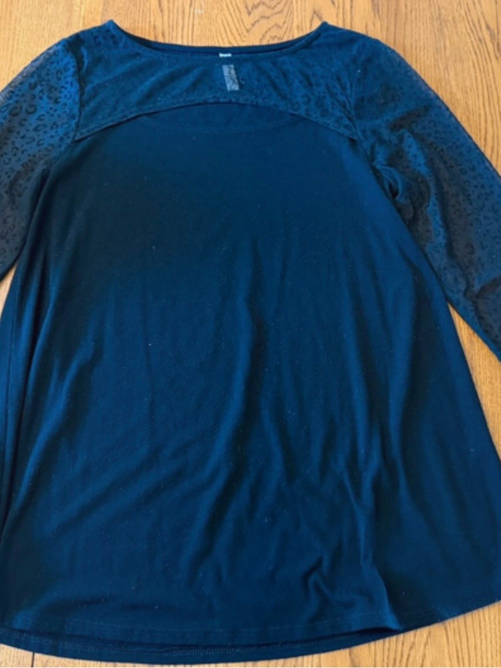 Emerald Navy Long Sleeve Top with Sheer Leopard-Print Sleeves